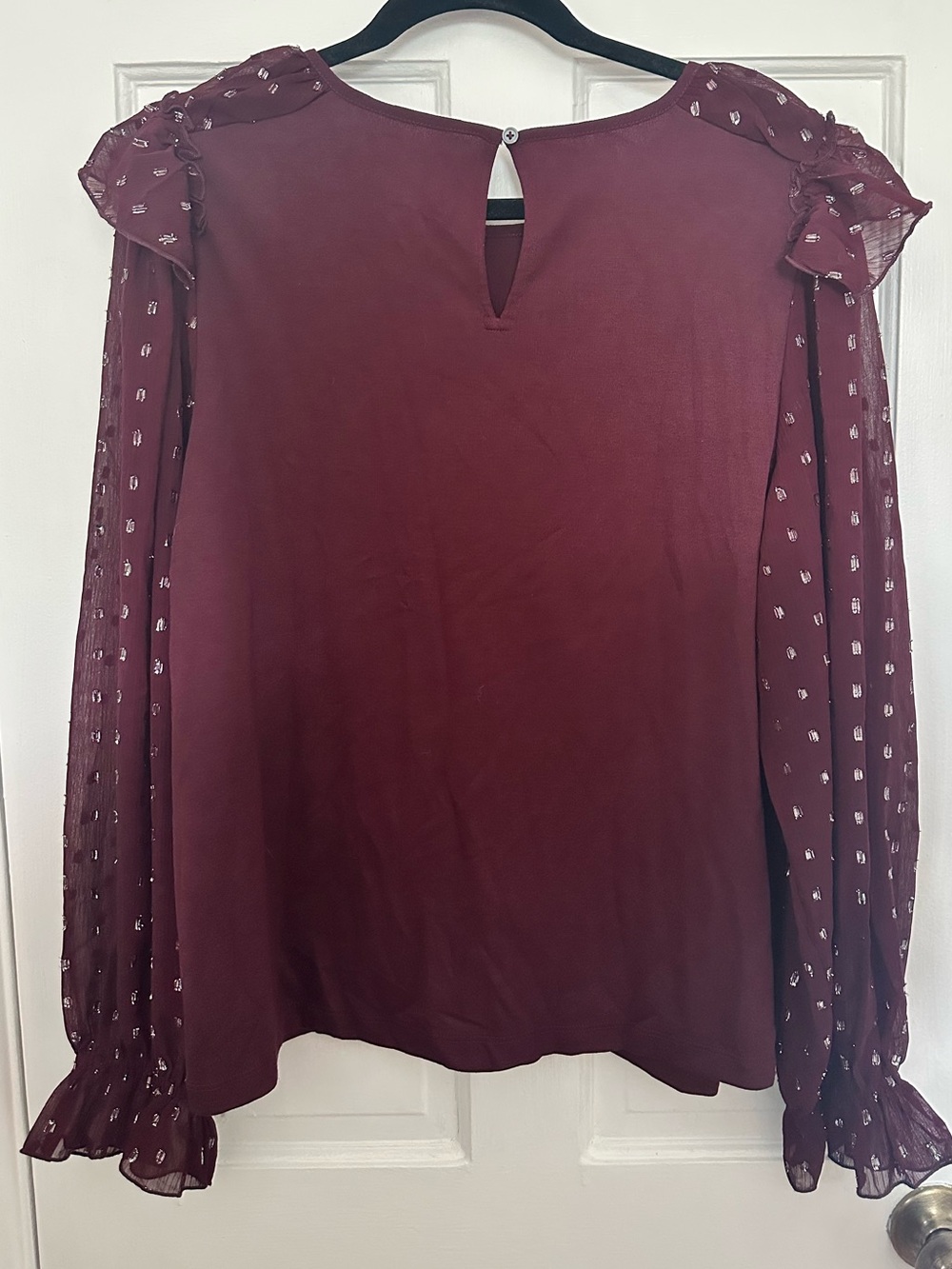 XL Burgundy shimmer-dotted ruffle yoke mixed media top from LOFT - Picture 4 of 5